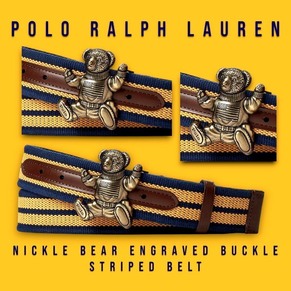 New POLO Ralph Lauren BIG Bear Logo Striped Nickel Buckle Belt Size 42 _1B